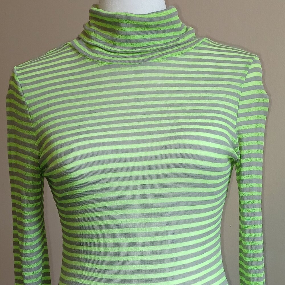 GXANE Lime Green/Grey Striped Sheer Long-Sleeved Turtleneck Shirt Size M
